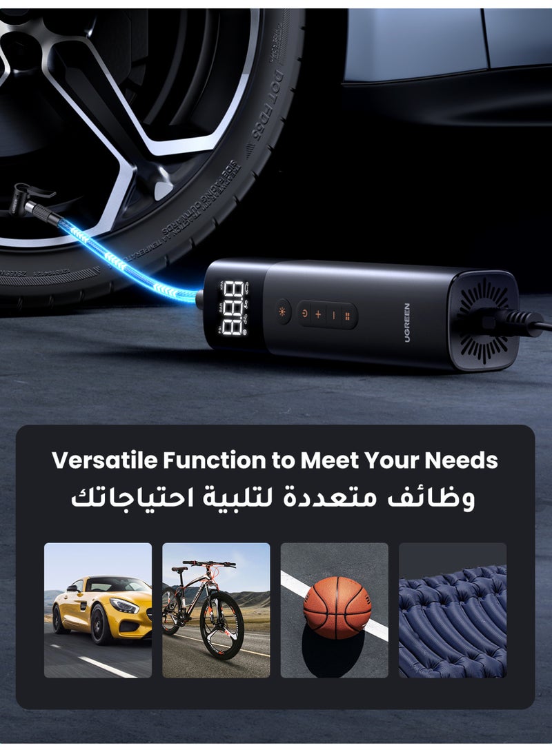يو جرين منفاخ إطارات كهربائي (0.2–10.3 بار / 3–150 PSI)، مضخة هواء محمولة، مضخة إطارات صغيرة بشاشة LED رقمية، مع ضوء LED للدراجات الهوائية والنارية والسيارات - Image 3